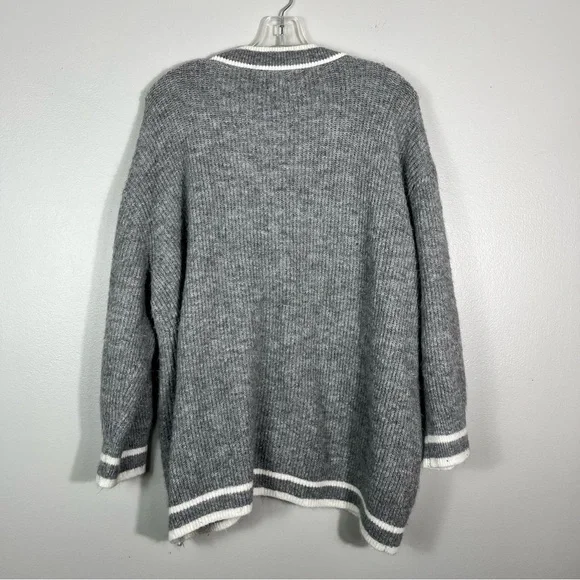 a new day Gray White Varsity Stripe Trim Fuzzy Eyelash Knit Button Down Cardigan - Picture 4 of 6